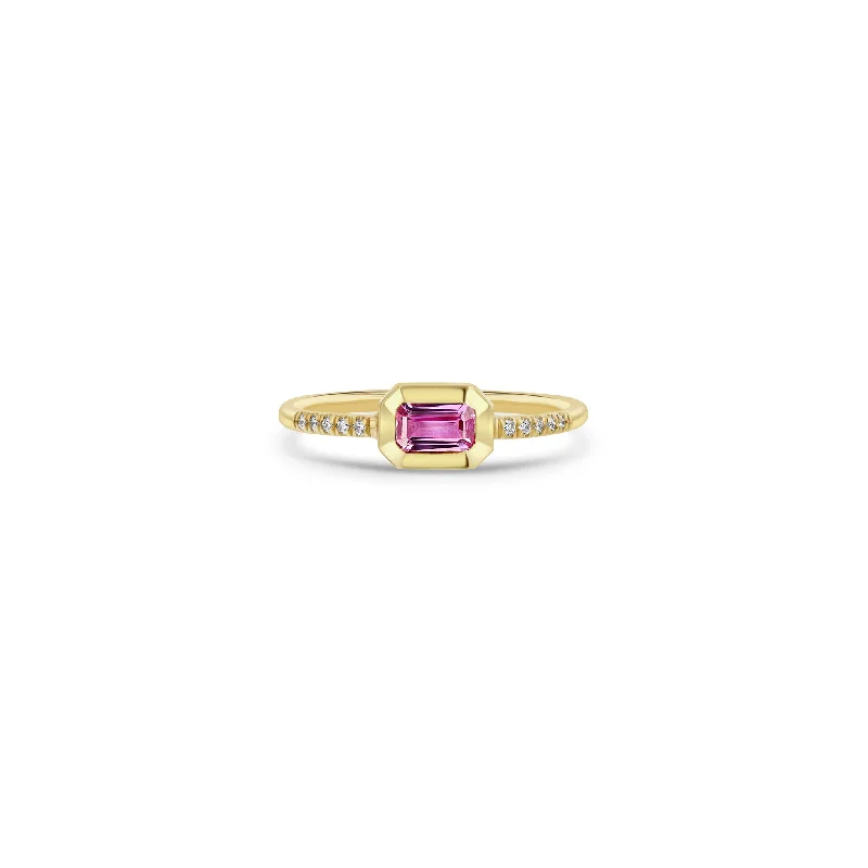 Timeless Elegance, Temporary Discounts – Act Fast 14k Emerald Cut Pink Sapphire Bezel Pavé Diamond Band Ring