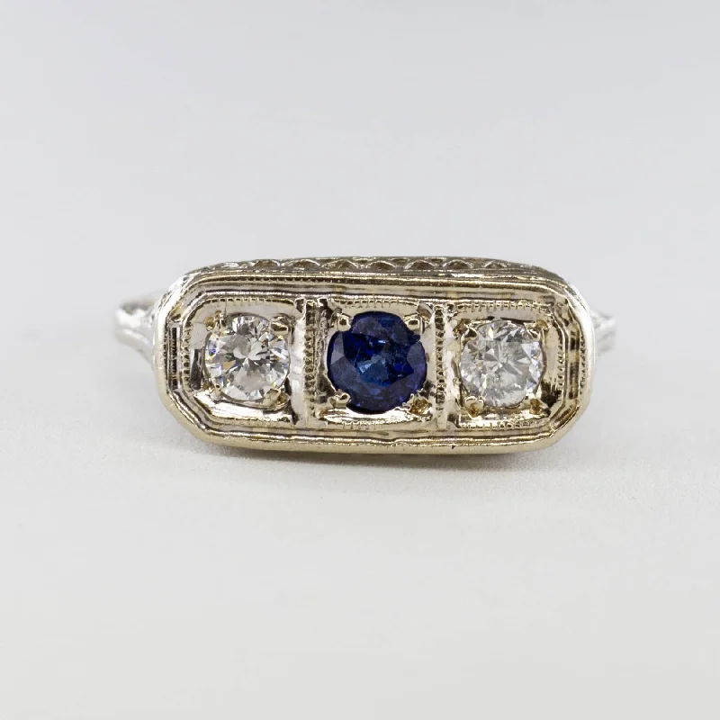 Premium Diamond Jewelry For Unforgettable Moments Vintage Art Deco Style Three Stone Sapphire and Diamond Ring | 0.30 ct, 0.32 ctw | SZ 7 Premium Diamond Jewelry For Unforgettable Moments Vintage Art Deco Style Three Stone Sapphire and Diamond Ring | 0.30 ct, 0.32 ctw | SZ 7