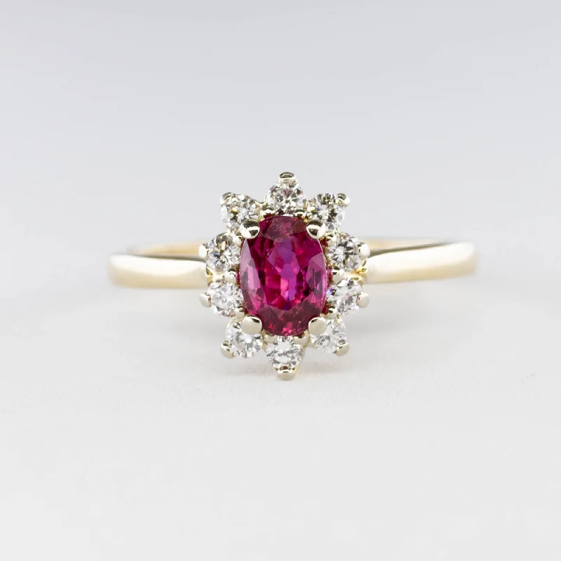 Trending Jewelry Now Available At Exclusive Prices 'Birks' Oval Ruby and Diamond Halo Ring | 0.50ct 0.25ctw | SZ 6 Trending Jewelry Now Available At Exclusive Prices 'Birks' Oval Ruby and Diamond Halo Ring | 0.50ct 0.25ctw | SZ 6