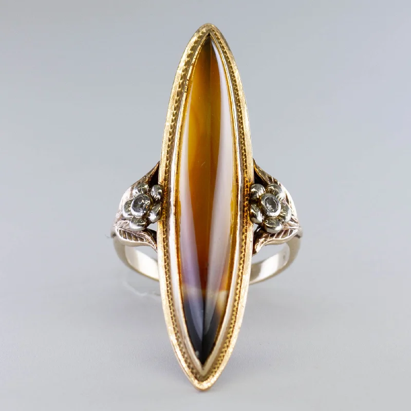 Personalized Engraved Jewelry For Meaningful Gifts Agate & Diamond Navette Cocktail Ring | 7.50ct, 0.02ctw | SZ 5 |