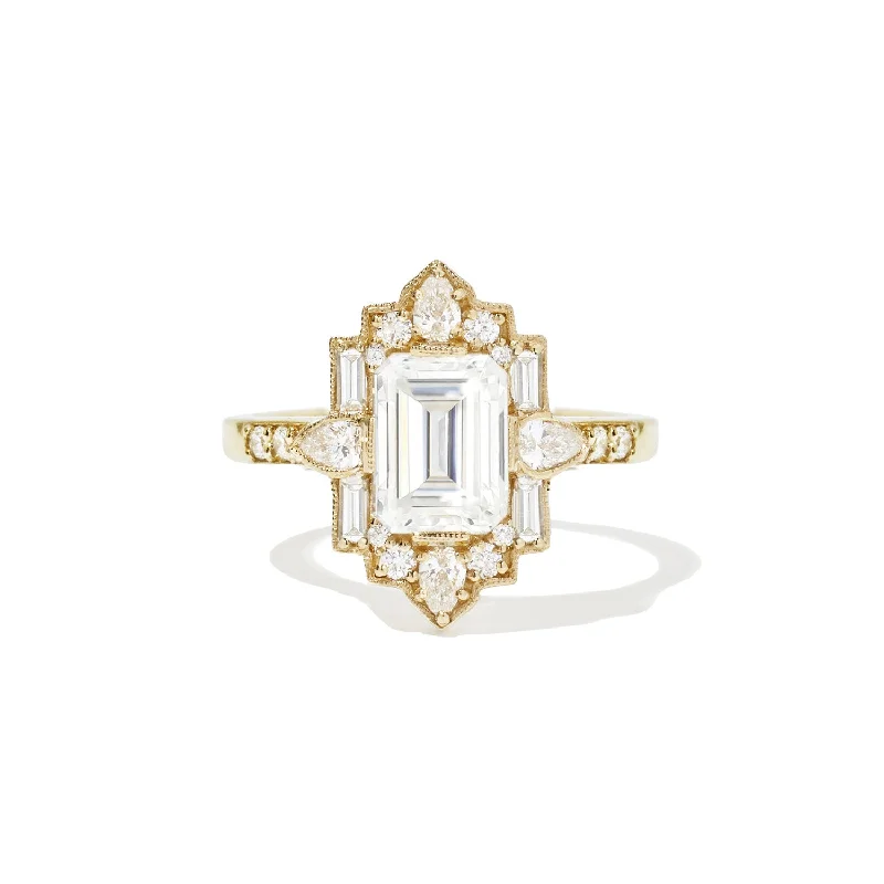 Discounted Luxury Jewelry – Shine Without The Splurge Deco Emerald & Pear Moissanite Mosaic Ring