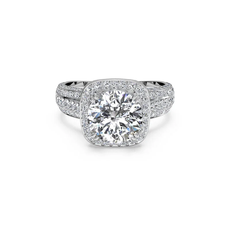 Shop Handcrafted Jewelry At Special Promotional Rates Three-Row Cushion Halo Round Brilliant Diamond Engagement Ring Shop Handcrafted Jewelry At Special Promotional Rates Three-Row Cushion Halo Round Brilliant Diamond Engagement Ring