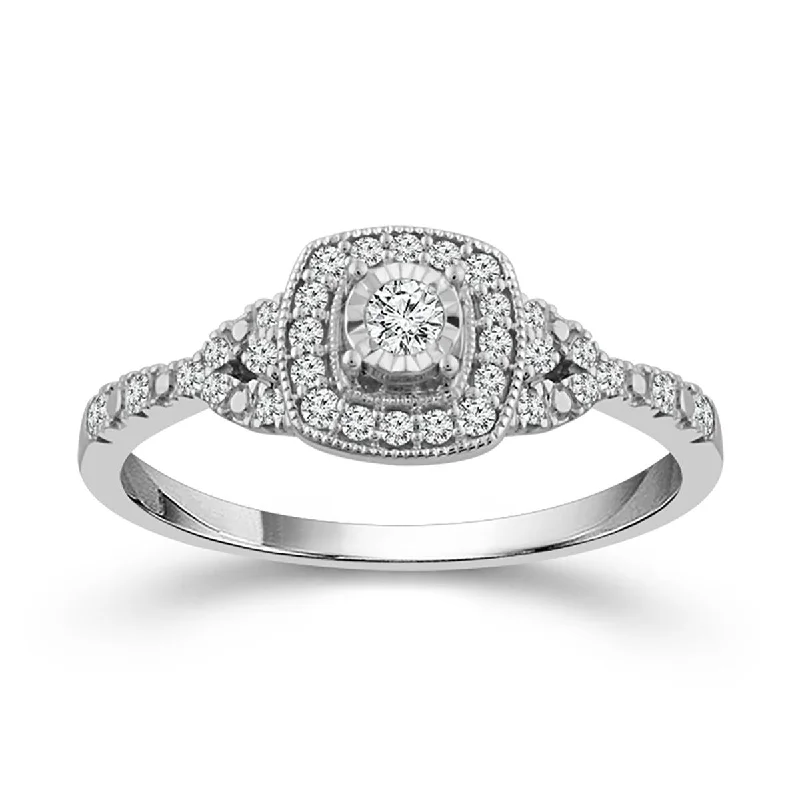 Limited-Time Jewelry Sale – Don't Miss These Deals WHITE GOLD ENGAGEMENT RING WITH MIRACLE PLATE SETTING AND DIAMOND HALO, 1/4 CT TW Limited-Time Jewelry Sale – Don't Miss These Deals WHITE GOLD ENGAGEMENT RING WITH MIRACLE PLATE SETTING AND DIAMOND HALO, 1/4 CT TW