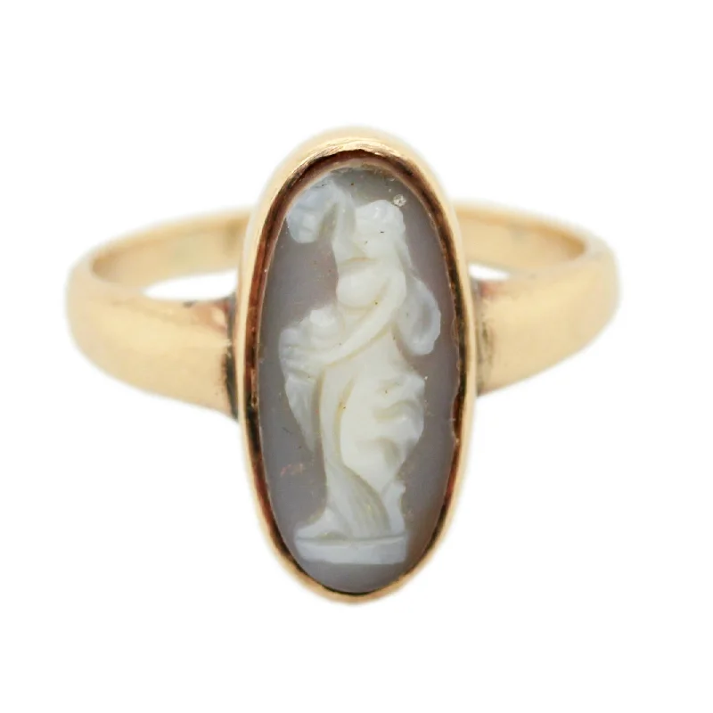 Delicate Crystal Jewelry For Sophisticated Charm Vintage Gray Classical Woman Cameo Oval Ring in 14k Yellow Gold - Size 7.25 Delicate Crystal Jewelry For Sophisticated Charm Vintage Gray Classical Woman Cameo Oval Ring in 14k Yellow Gold - Size 7.25