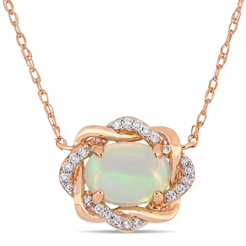 Glamorous Jewelry, Glamorous Deals – Shop Now 3/4 CT TGW Ethiopian Blue Opal and 1/10 CT TW Diamond Interlaced Halo Necklace 10K Rose Gold