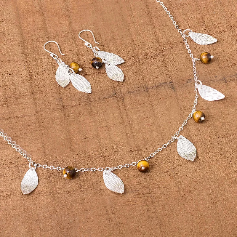 The Ultimate Jewelry Sale – Shop Premium Styles Acorns and Leaves Sterling Silver Leaves Tiger's Eye Necklace and Earrings Set