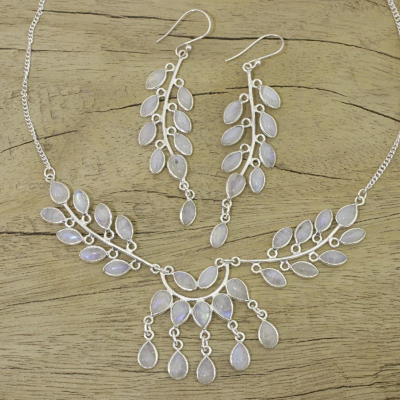 Stunning Jewelry At Even More Stunning Prices Falling Leaves Rainbow Moonstone and Sterling Silver Jewelry Set