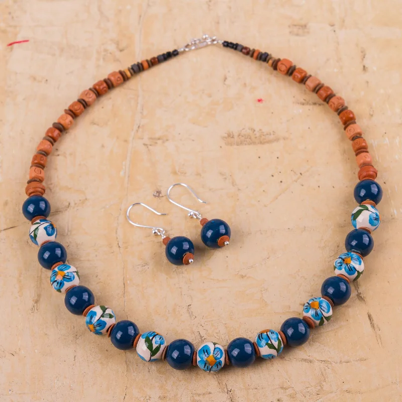 Timeless Elegance, Temporary Discounts – Act Fast Precious Blue Jewelry Set with Hand Painted Flowers on Ceramic Beads
