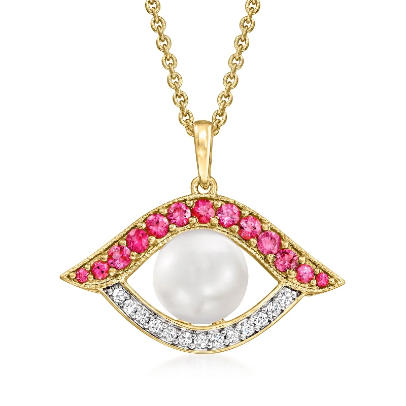 Make Your Outfit Shine With Discounted Jewelry Ross-Simons 8mm Cultured Pearl and . Ruby Evil Eye Pendant Necklace With . White Zircon in 18kt Gold Over Sterling