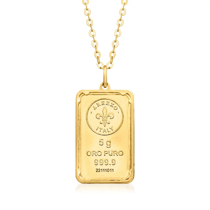 Luxury Jewelry At Unbeatable Discounts Ross-Simons Italian 24kt Yellow Gold Fleur-De-Lis 5-Gram Ingot Pendant Necklace With 14kt Gold Frame