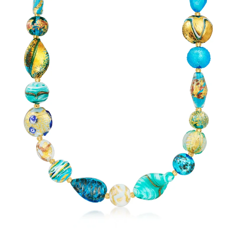 Flash Deals On Fine Jewelry – Shop Before It's Gone Ross-Simons Italian Blue, Green and Gold Murano Glass Bead Necklace in 18kt Gold Over Sterling