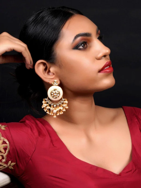 Special Deals On Handcrafted And Designer Jewelry Odette Women Cream Enamelled Kundan-Pearl Chandbali Earrings!