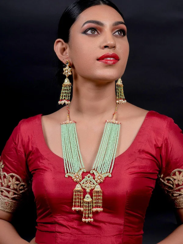 Trending Jewelry Now At Unbeatable Prices Odette Women Enduring Mint Green Multistring Onyx-Kundan-Pearl Necklace Set