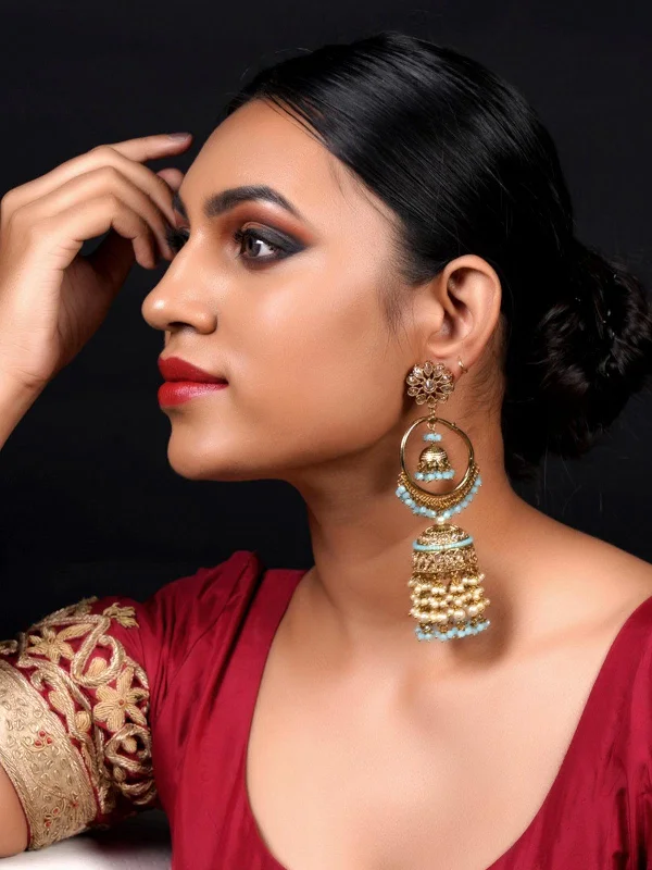 Flash Sale On Exquisite Jewelry – Don't Miss Out Odette Women Golden Ornate Sea Blue Stone Jhumki Earrings