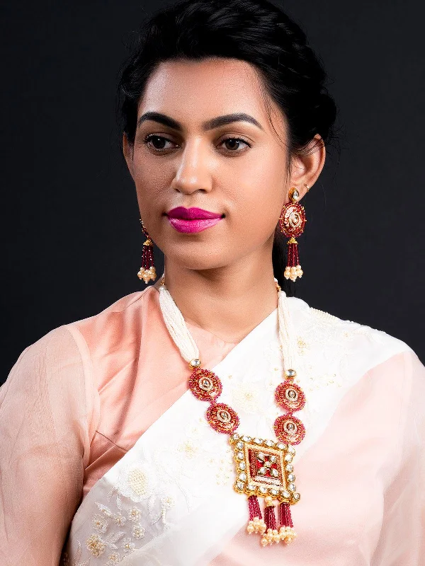Jewelry Deals That Outshine The Rest Odette Women Lush Pink Stone Red Enamelled Enticing Onyx-Kundan Necklace Set