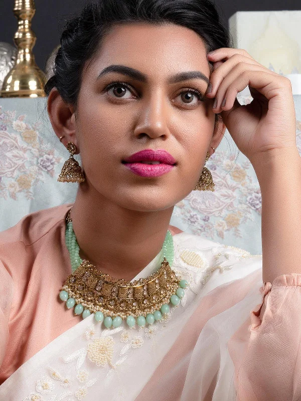 Must-Have Jewelry At Unbelievable Discounts Odette Women Matte Finish Gold Tone Mint Green Onyx-Mani Choker Set