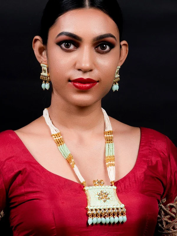 Luxury Jewelry Without The Luxury Price Tag Odette Women Pistachio Green Enamelled Long Multistring Onyx-Pearl Necklace Set