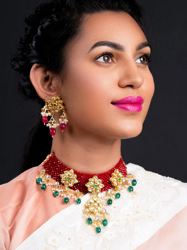 Affordable Elegance – Special Jewelry Sale Now Live Odette Women Red-Green Decorative Mani-Kundan-Pearl-Onyx Long Choker Set