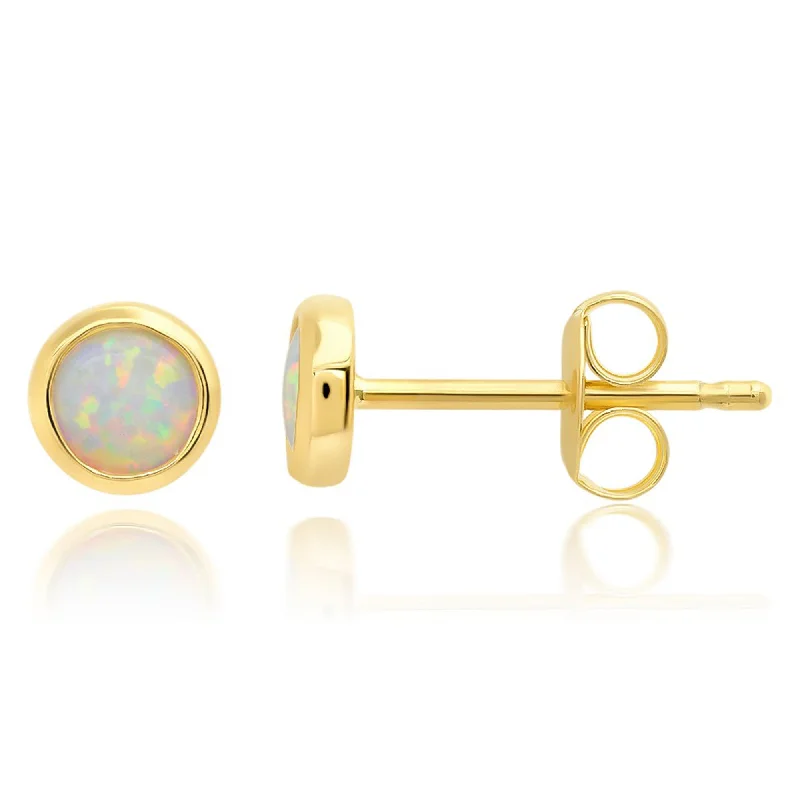 Trendy Minimalist Jewelry For Everyday Wear 14K Yellow Gold Bezel Set Round 4MM Created Opal Stud Earrings Trendy Minimalist Jewelry For Everyday Wear 14K Yellow Gold Bezel Set Round 4MM Created Opal Stud Earrings