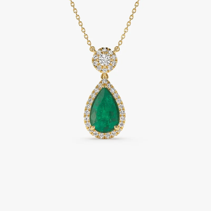 Bestselling Jewelry At Special Promotional Rates 14k 2.00 Ctw Pear Shape Emerald and Diamond Halo Setting Necklace