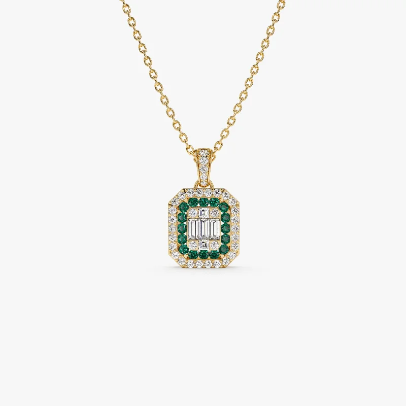 Elegant Jewelry Pieces At Unbelievable Prices 14k Baguette and Round Emerald Necklace with Halo Setting