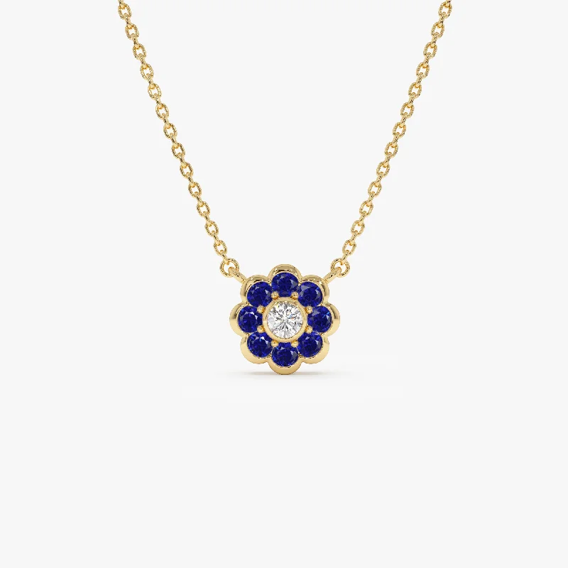 Make Every Moment Shine – Jewelry Discounts Available 14K Bezel Setting Sapphire Flower Diamond Necklace