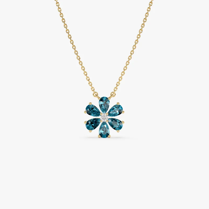 Trending Jewelry Now Available At Exclusive Prices 14K Gold London Blue Topaz Flower Necklace