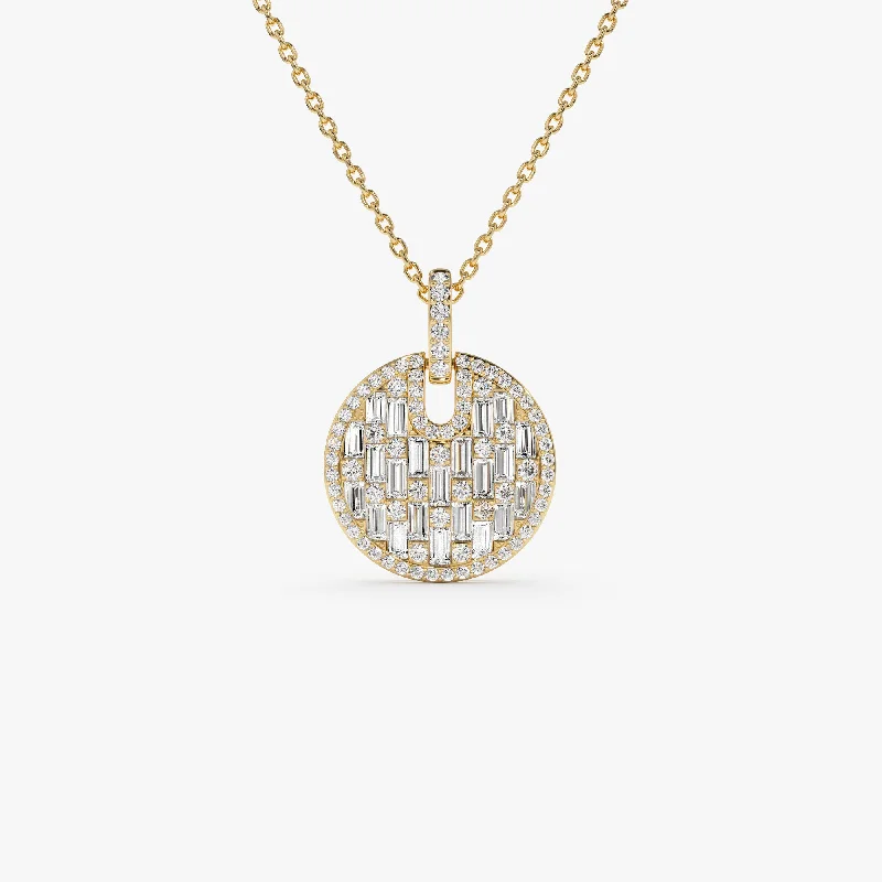 Dazzle In Elegance With Our Biggest Jewelry Sale 14k Unique Baguette and Round Diamond Disc Necklace