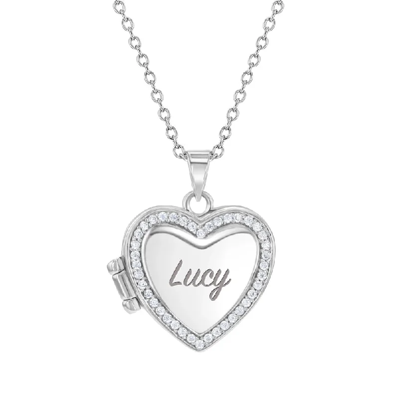 Dazzle With Discounts – Shop Jewelry On Sale CZ Border Heart Locket Kids / Children's / Girls Pendant/Necklace Personalized / Engravable - Sterling Silver