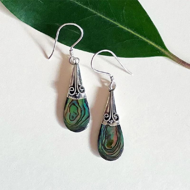 Luxury Handcrafted Jewelry For Elegant Looks Abalone Filigree Teardrop Earrings - Sterling Silver, Indonesia