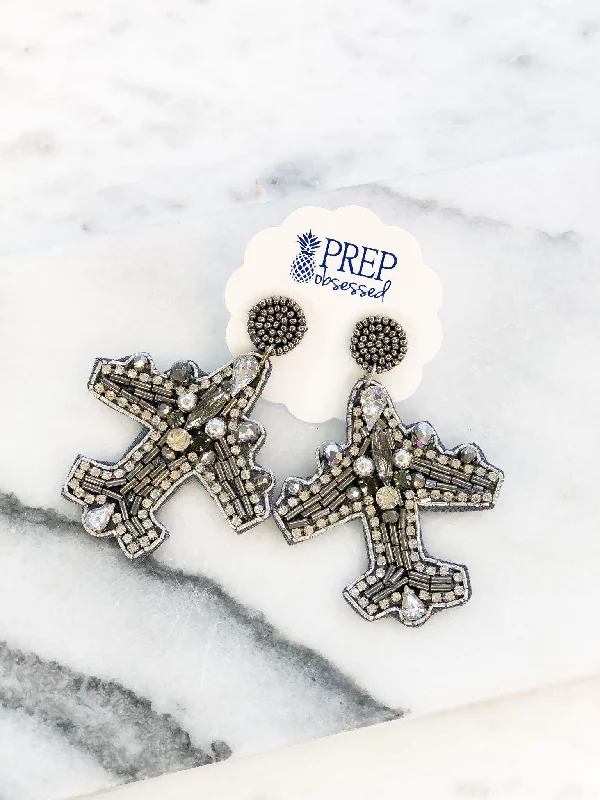 Timeless Elegance Now At Special Discounts Beaded Airplane Statement Earrings - Silver