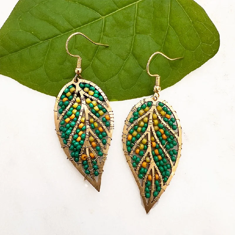 Fashion-Forward Jewelry At Incredible Prices Beaded Leaf Earrings - Green, Guatemala