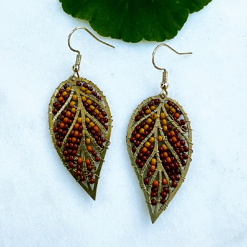 Discounted Jewelry For A Glamorous Look Beaded Leaf Earrings - Autumn, Guatemala