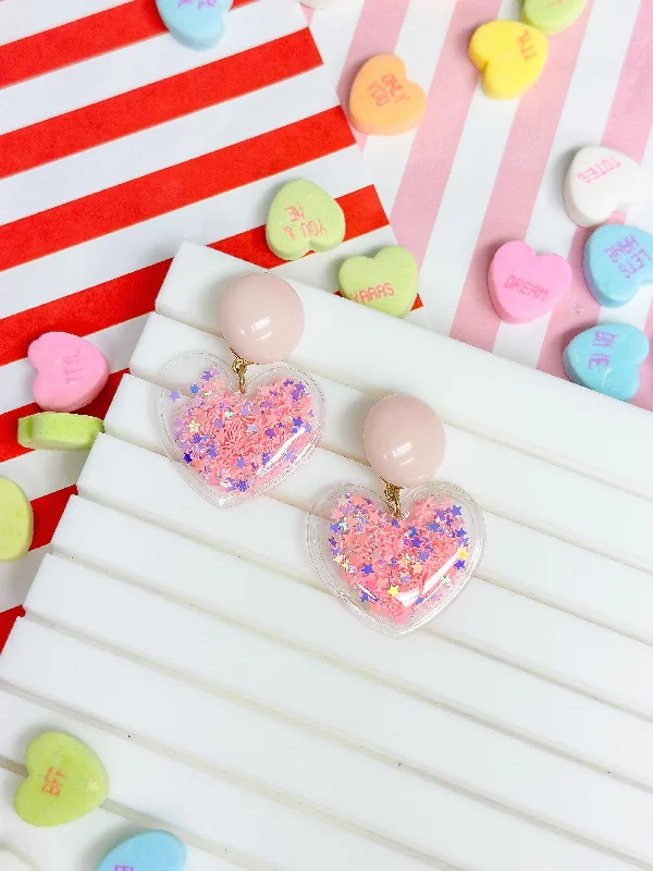 Limited-Time Offer On Premium Jewelry Collections Glitter Shaker Heart Dangle Earrings - Pink