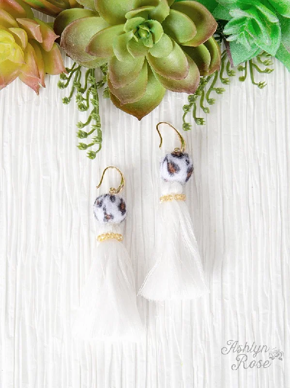 Waterproof Stainless Steel Jewelry For Lasting Beauty Leopard Pom Pom Tassel Earrings, White Waterproof Stainless Steel Jewelry For Lasting Beauty Leopard Pom Pom Tassel Earrings, White