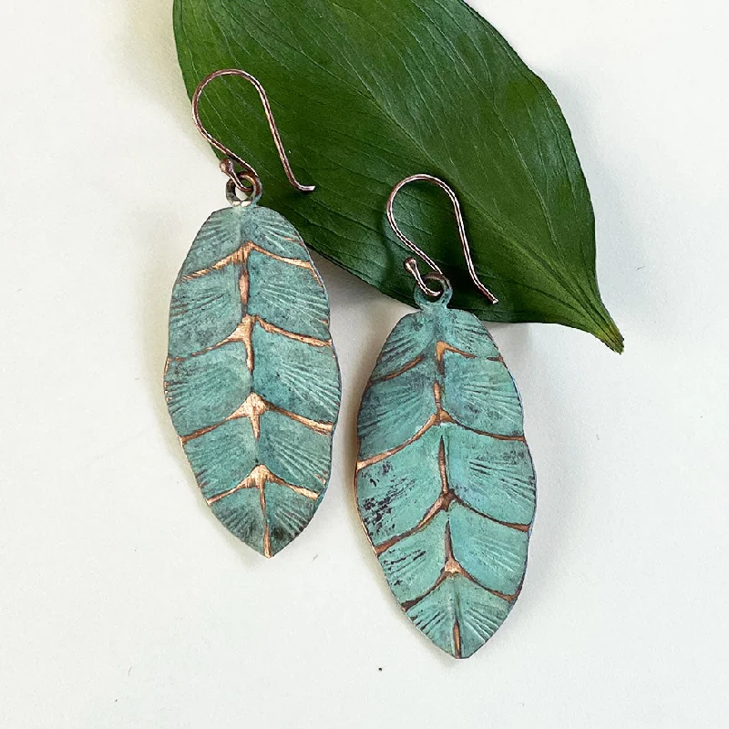 Delicate Crystal Jewelry For Sophisticated Charm Patina Copper Leaf Earrings, India