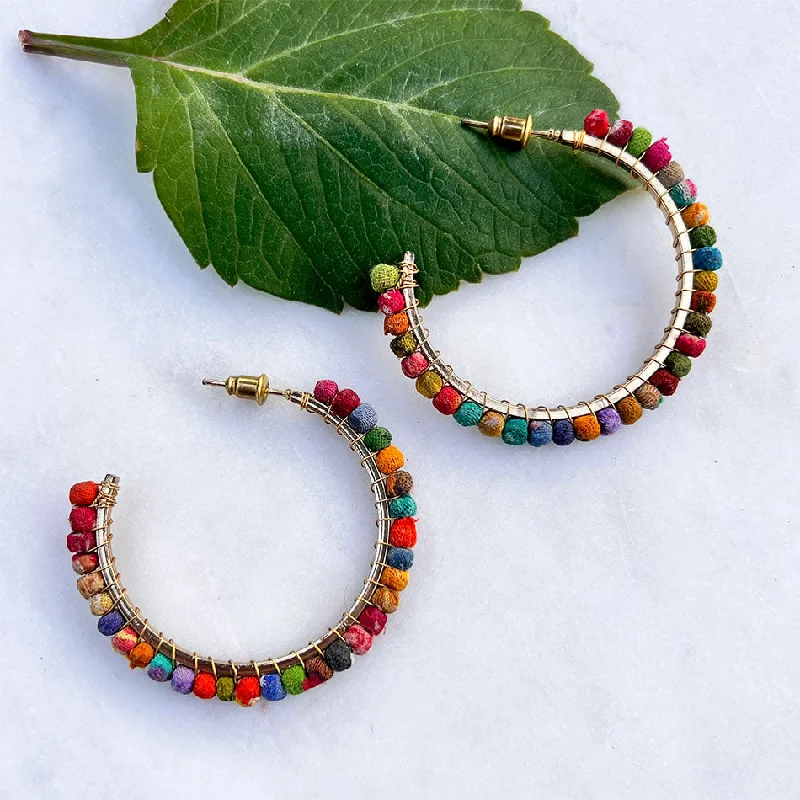 Luxury Handcrafted Jewelry For Elegant Looks Recycled Sari Hoops - Large, India