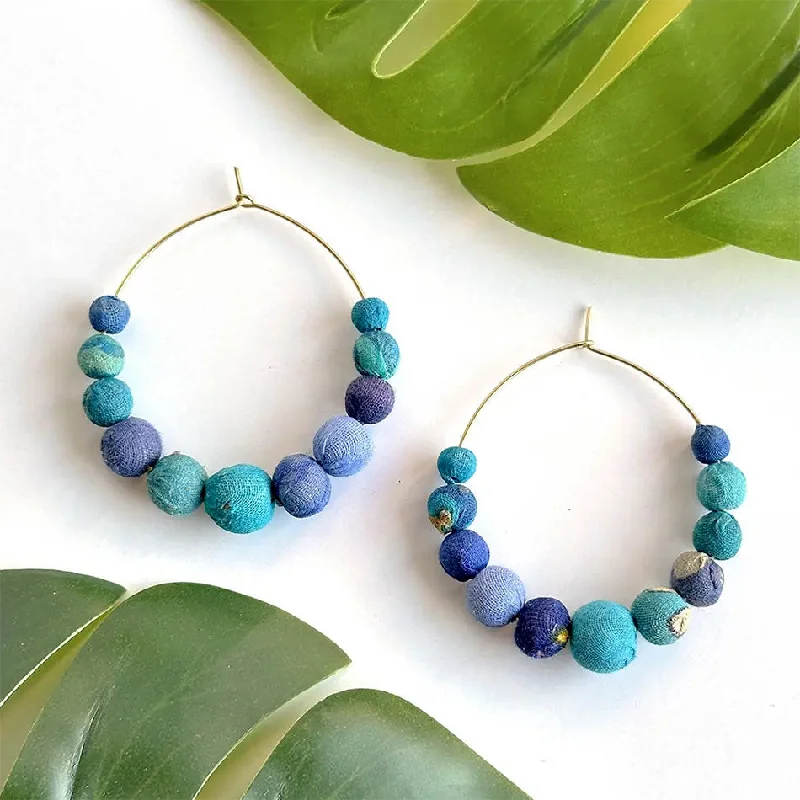 Customized Silver Jewelry For Unique Style Recycled Sari Statement Hoops - Ocean, India