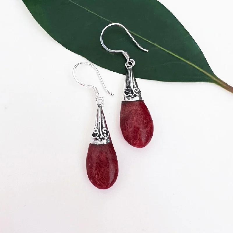 High-Quality Gemstone Jewelry For Special Occasions Red Coral Filigree Earrings - Sterling Silver, Indonesia