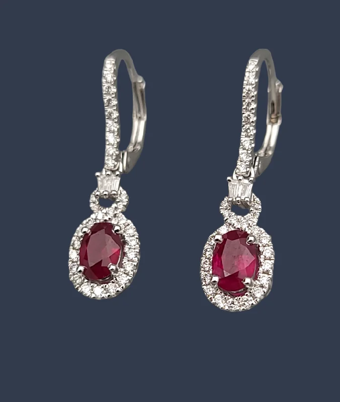 Trendy Minimalist Jewelry For Everyday Wear Ruby Diamond Dangle Earrings 14K White Gold