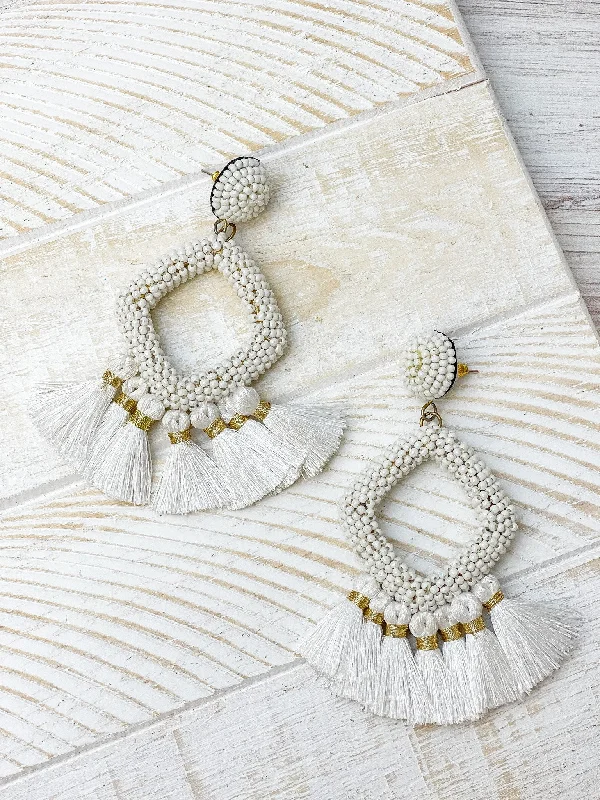 Jewelry Flash Sale – Stylish Designs At Unbeatable Rates Seed Bead Fringe Dangle Earrings - White