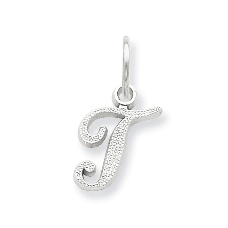 Personalized Engraved Jewelry For Meaningful Gifts 14k White Gold, Sadie Collection, Mini Satin Script Initial T Charm Personalized Engraved Jewelry For Meaningful Gifts 14k White Gold, Sadie Collection, Mini Satin Script Initial T Charm