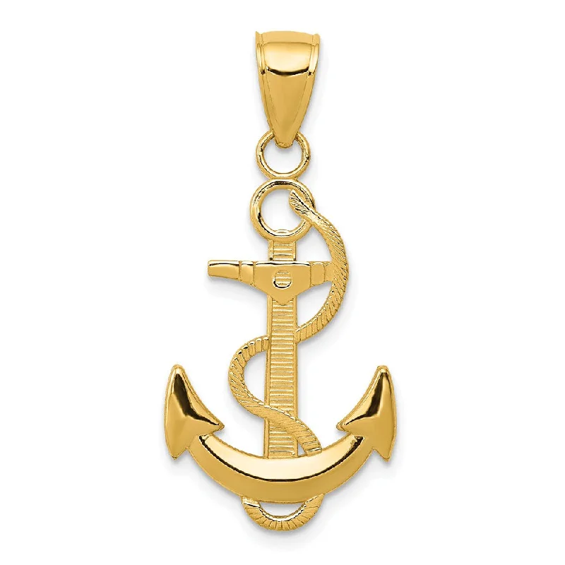 Classic And Modern Jewelry Styles On Sale 14k Yellow Gold Anchor with Textured Rope Pendant, 15 x 33mm Classic And Modern Jewelry Styles On Sale 14k Yellow Gold Anchor with Textured Rope Pendant, 15 x 33mm