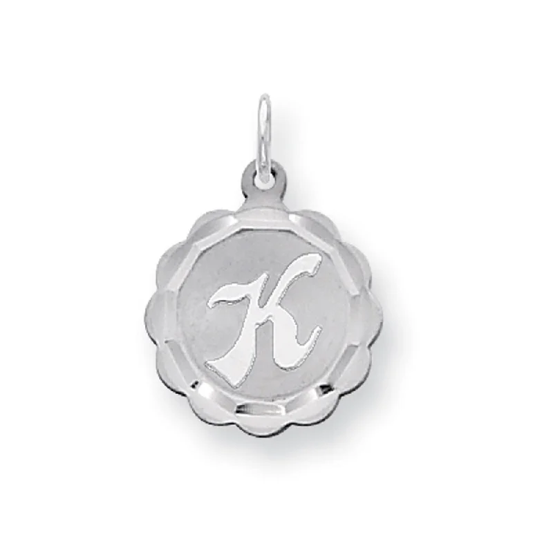 Shop Stylish Jewelry Now And Save Big Sterling Silver, Sarah Collection 15mm Brocaded Disc Initial K Pendant Shop Stylish Jewelry Now And Save Big Sterling Silver, Sarah Collection 15mm Brocaded Disc Initial K Pendant