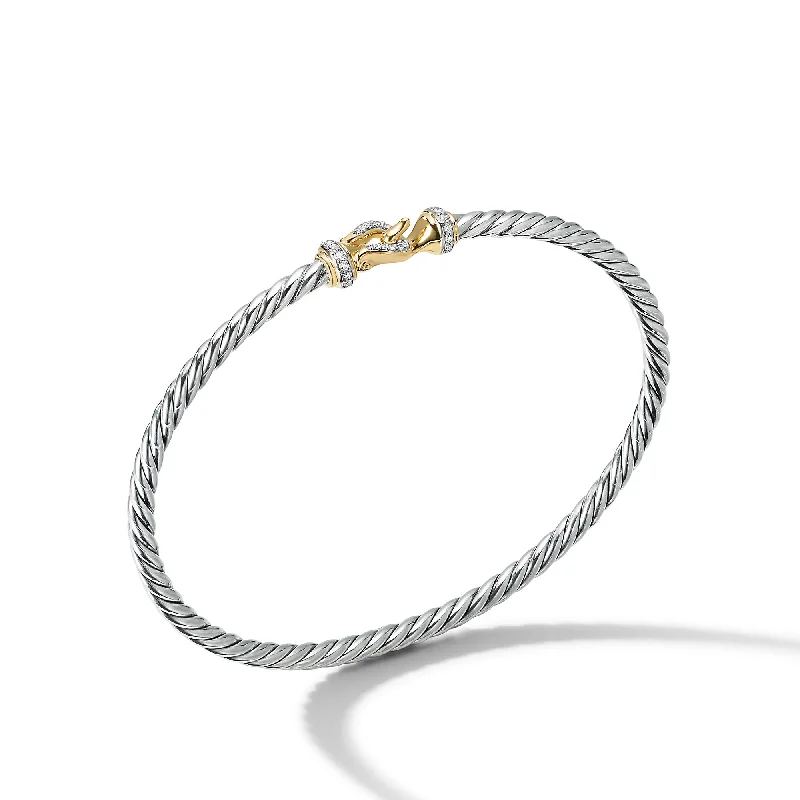 High-Quality Gemstone Jewelry For Special Occasions Buckle Classic Cable Bracelet in Sterling Silver with 18K Yellow Gold and Diamonds\, 3mm