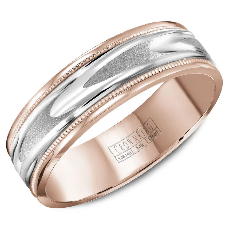 Waterproof Stainless Steel Jewelry For Lasting Beauty CrownRing 6MM Rose Gold Wedding Band with Patterned White Gold Center and Milgrain Detailing WB-8067WR Waterproof Stainless Steel Jewelry For Lasting Beauty CrownRing 6MM Rose Gold Wedding Band with Patterned White Gold Center and Milgrain Detailing WB-8067WR
