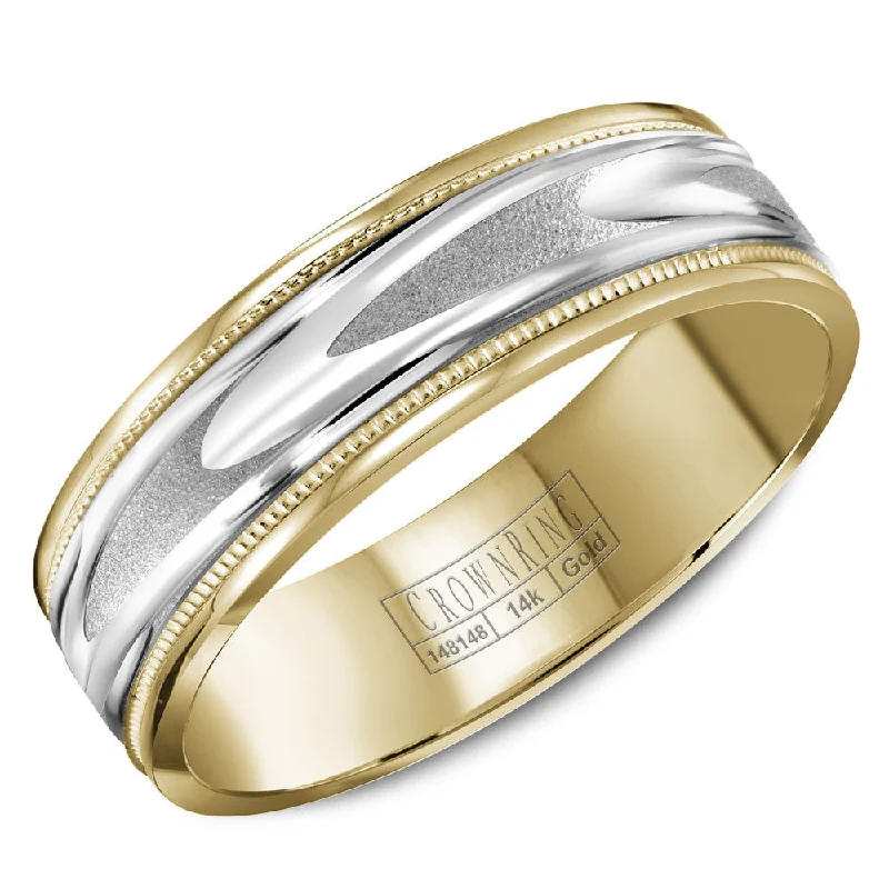 Don't Miss Our Biggest Jewelry Sale Of The Season CrownRing 6MM Yellow Gold Wedding Band with Pattern White Gold Center and Milgrain Detailing WB-8067