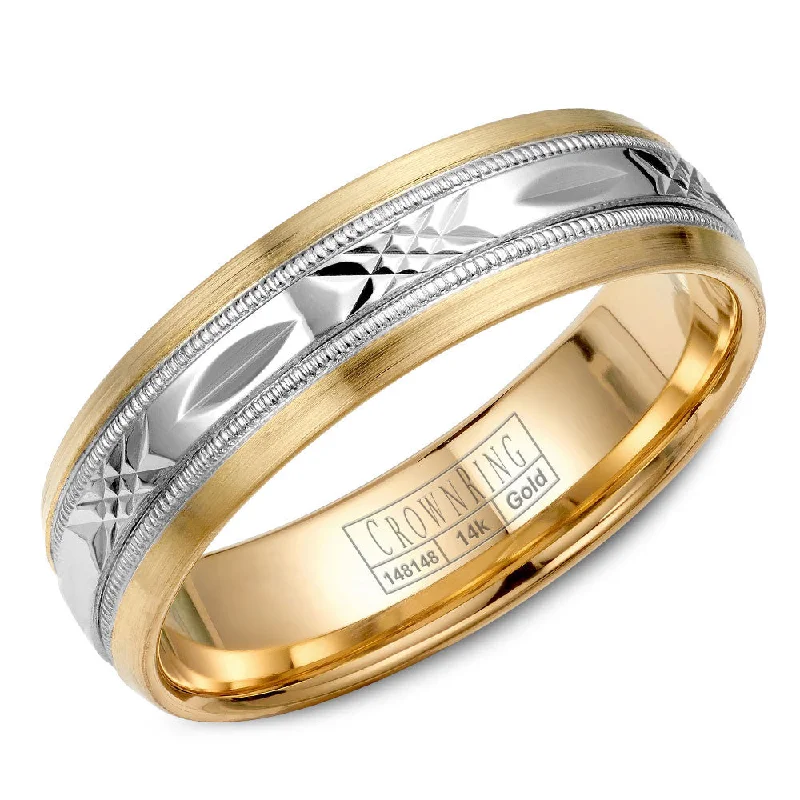 Sparkle More For Less – Jewelry Sale Happening Now CrownRing 6MM Yellow Gold Wedding Band with White Gold Pattern Center WB-7000 Sparkle More For Less – Jewelry Sale Happening Now CrownRing 6MM Yellow Gold Wedding Band with White Gold Pattern Center WB-7000