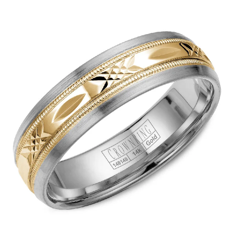 Affordable Luxury Jewelry For Every Occasion CrownRing 6MM White Gold Wedding Band with Yellow Gold Pattern Center WB-7002YW
