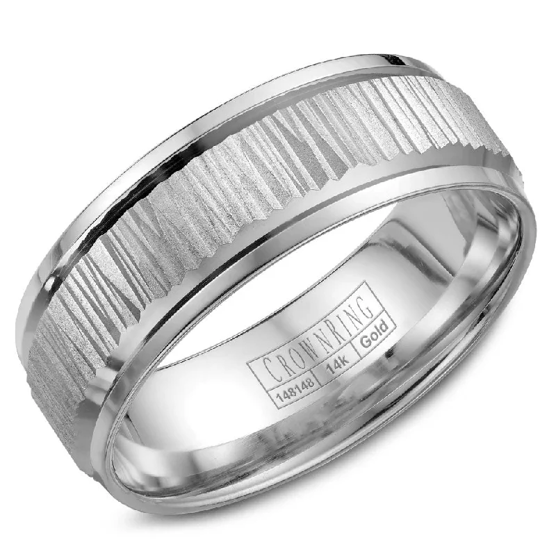 Chic, Trendy, And Affordable Jewelry Sale CrownRing 7.5MM Wedding Band with Bark Finish and Line Detailing WB-7923 Chic, Trendy, And Affordable Jewelry Sale CrownRing 7.5MM Wedding Band with Bark Finish and Line Detailing WB-7923